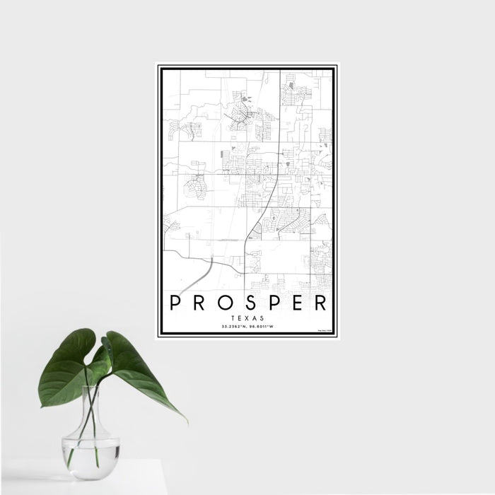 16x24 Prosper Texas Map Print Portrait Orientation in Classic Style With Tropical Plant Leaves in Water