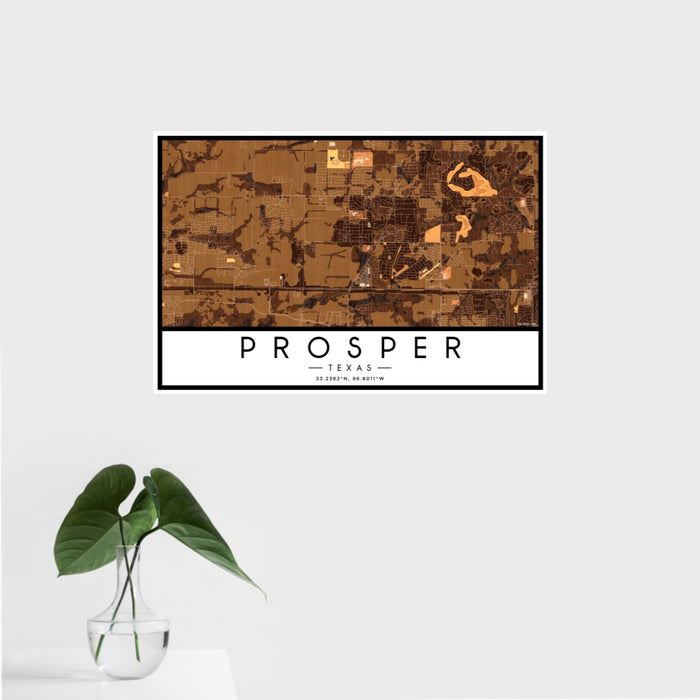 16x24 Prosper Texas Map Print Landscape Orientation in Ember Style With Tropical Plant Leaves in Water