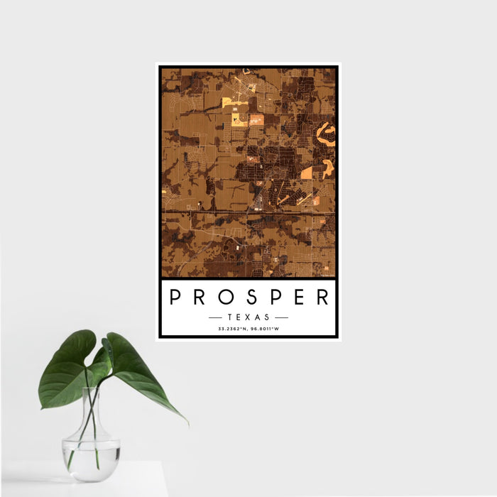 16x24 Prosper Texas Map Print Portrait Orientation in Ember Style With Tropical Plant Leaves in Water