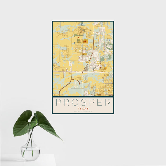 16x24 Prosper Texas Map Print Portrait Orientation in Woodblock Style With Tropical Plant Leaves in Water