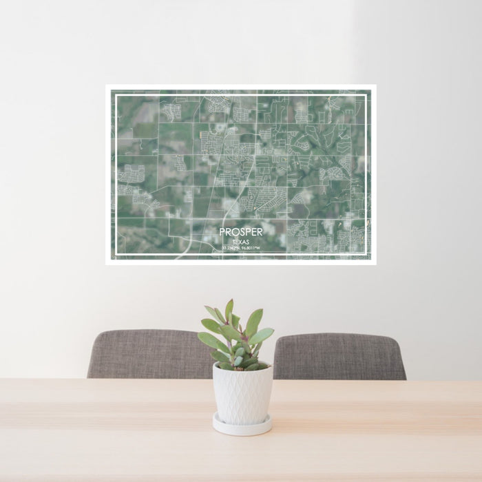 24x36 Prosper Texas Map Print Lanscape Orientation in Afternoon Style Behind 2 Chairs Table and Potted Plant