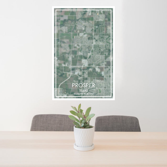 24x36 Prosper Texas Map Print Portrait Orientation in Afternoon Style Behind 2 Chairs Table and Potted Plant