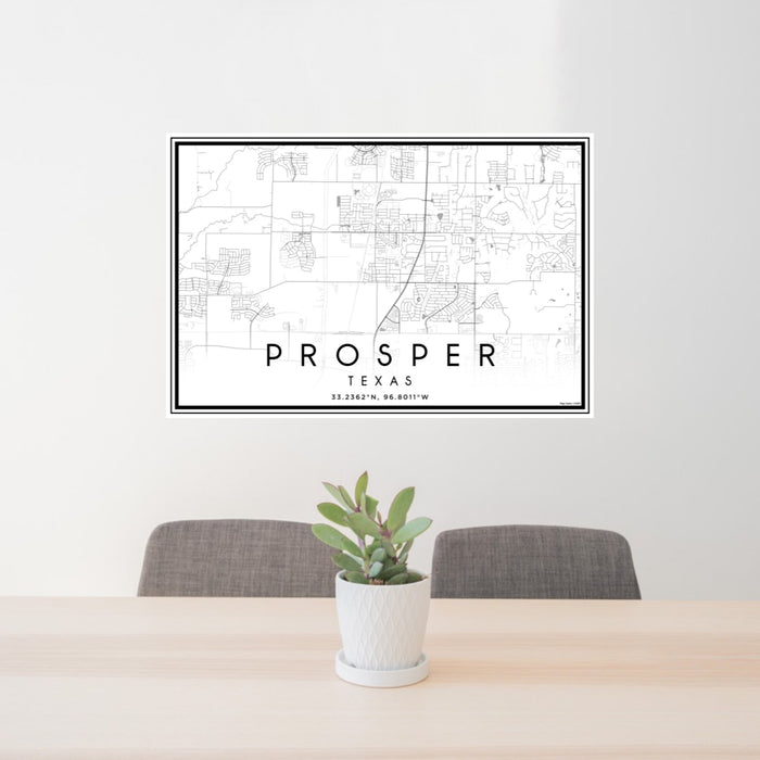 24x36 Prosper Texas Map Print Lanscape Orientation in Classic Style Behind 2 Chairs Table and Potted Plant
