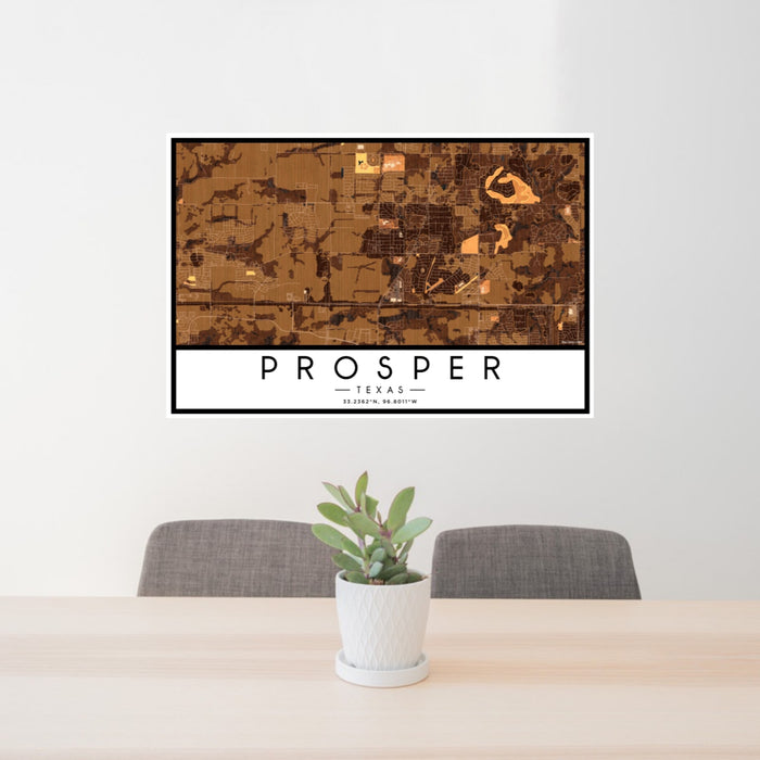 24x36 Prosper Texas Map Print Lanscape Orientation in Ember Style Behind 2 Chairs Table and Potted Plant