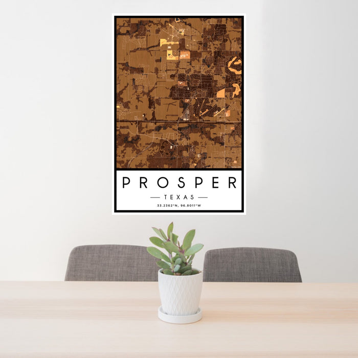 24x36 Prosper Texas Map Print Portrait Orientation in Ember Style Behind 2 Chairs Table and Potted Plant
