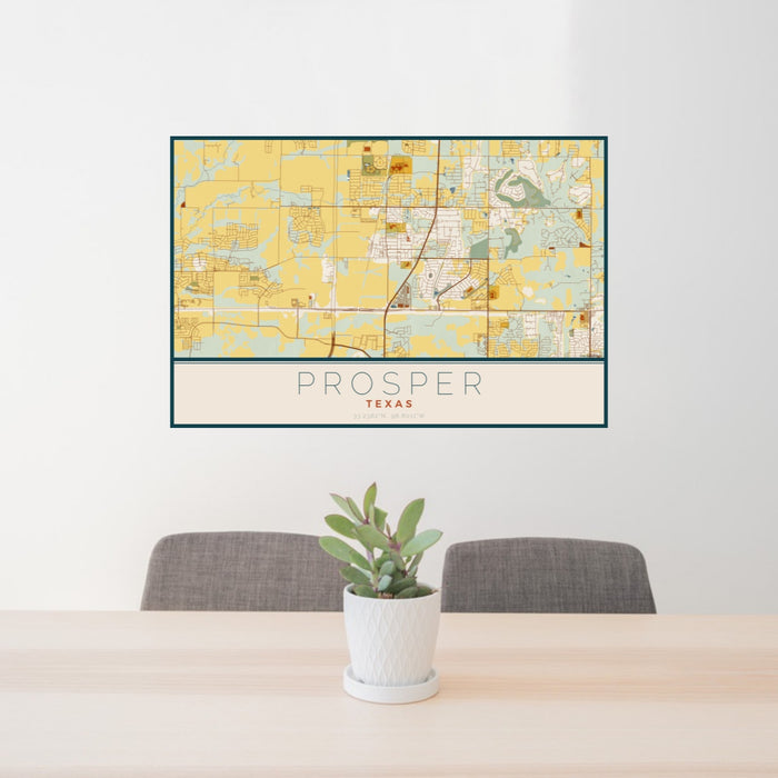 24x36 Prosper Texas Map Print Lanscape Orientation in Woodblock Style Behind 2 Chairs Table and Potted Plant