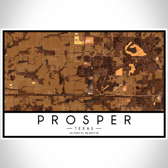 Prosper Texas Map Print Landscape Orientation in Ember Style With Shaded Background