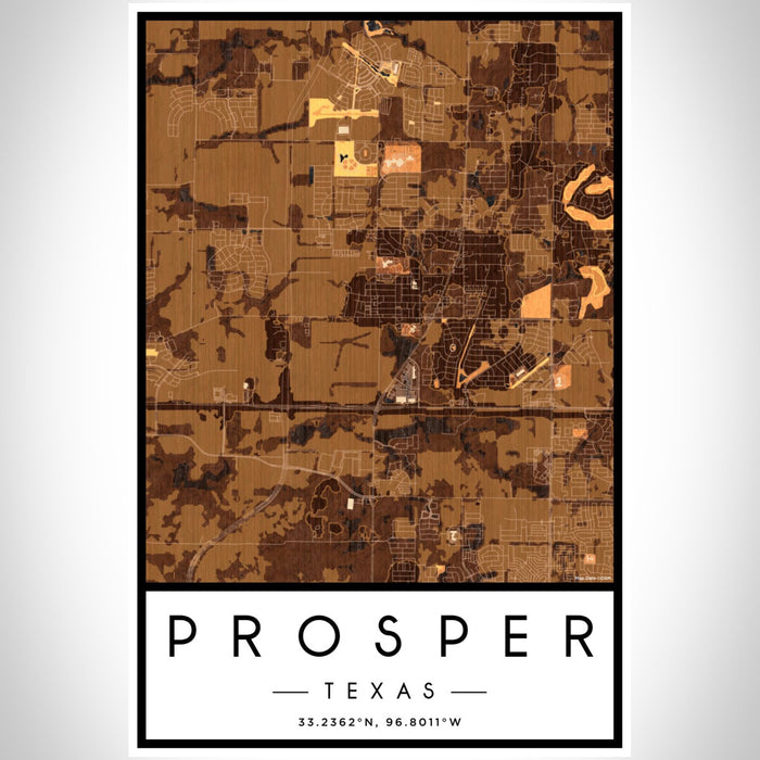 Prosper Texas Map Print Portrait Orientation in Ember Style With Shaded Background