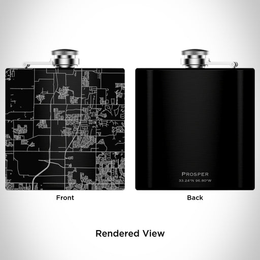 Rendered View of Prosper Texas Map Engraving on 6oz Stainless Steel Flask in Black