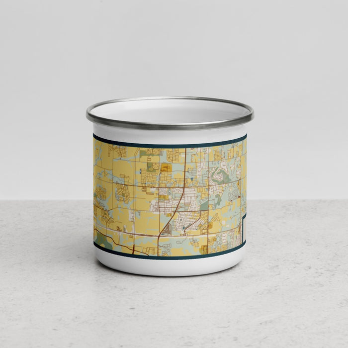 Front View Custom Prosper Texas Map Enamel Mug in Woodblock