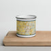 Front View Custom Prosper Texas Map Enamel Mug in Woodblock on Cutting Board