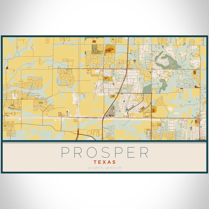 Prosper Texas Map Print Landscape Orientation in Woodblock Style With Shaded Background