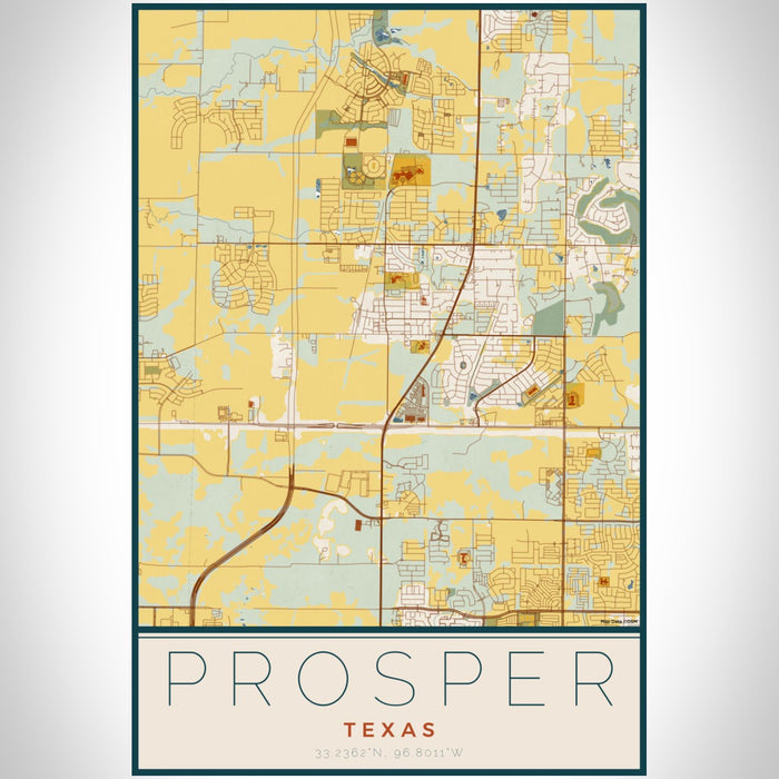 Prosper Texas Map Print Portrait Orientation in Woodblock Style With Shaded Background