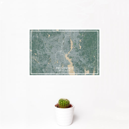 12x18 Providence Rhode Island Map Print Landscape Orientation in Afternoon Style With Small Cactus Plant in White Planter
