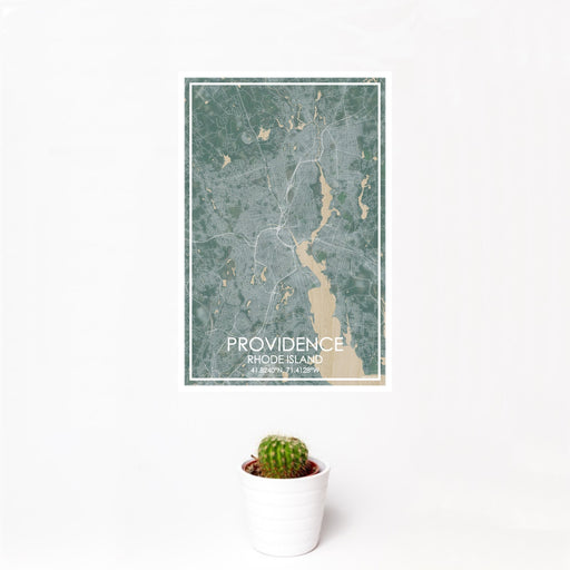12x18 Providence Rhode Island Map Print Portrait Orientation in Afternoon Style With Small Cactus Plant in White Planter