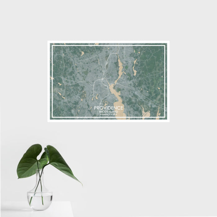 16x24 Providence Rhode Island Map Print Landscape Orientation in Afternoon Style With Tropical Plant Leaves in Water