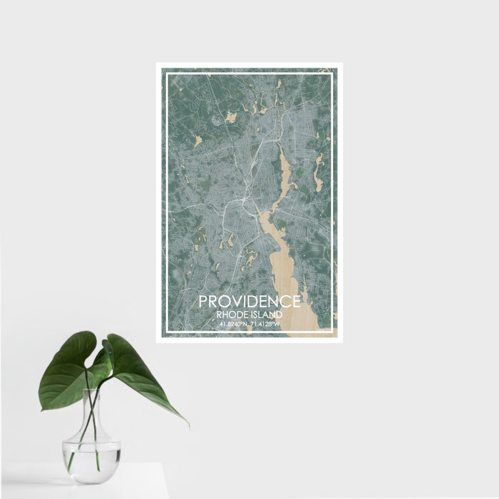 16x24 Providence Rhode Island Map Print Portrait Orientation in Afternoon Style With Tropical Plant Leaves in Water