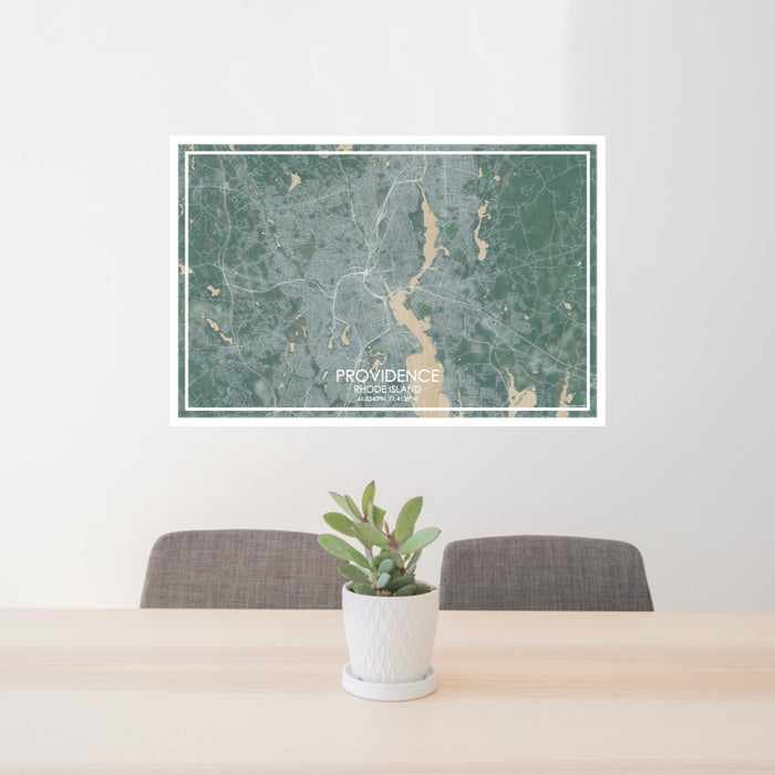 24x36 Providence Rhode Island Map Print Lanscape Orientation in Afternoon Style Behind 2 Chairs Table and Potted Plant