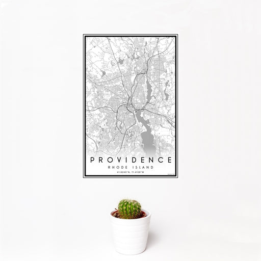 12x18 Providence Rhode Island Map Print Portrait Orientation in Classic Style With Small Cactus Plant in White Planter
