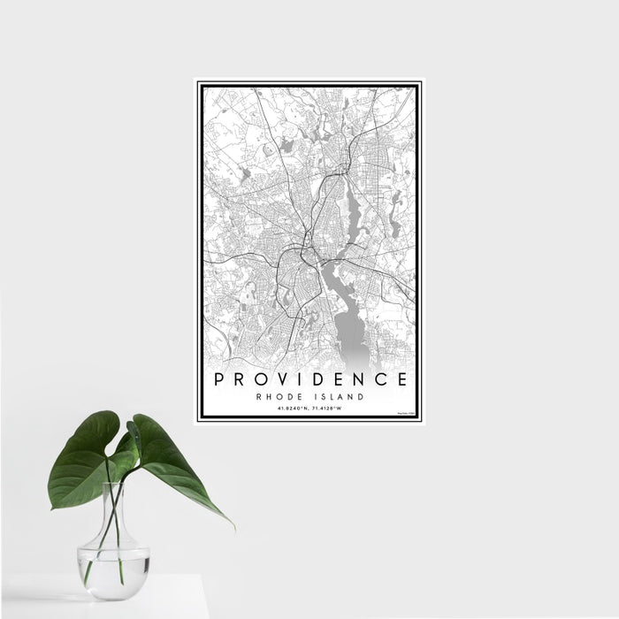 16x24 Providence Rhode Island Map Print Portrait Orientation in Classic Style With Tropical Plant Leaves in Water