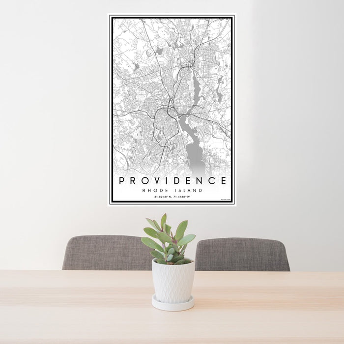 24x36 Providence Rhode Island Map Print Portrait Orientation in Classic Style Behind 2 Chairs Table and Potted Plant