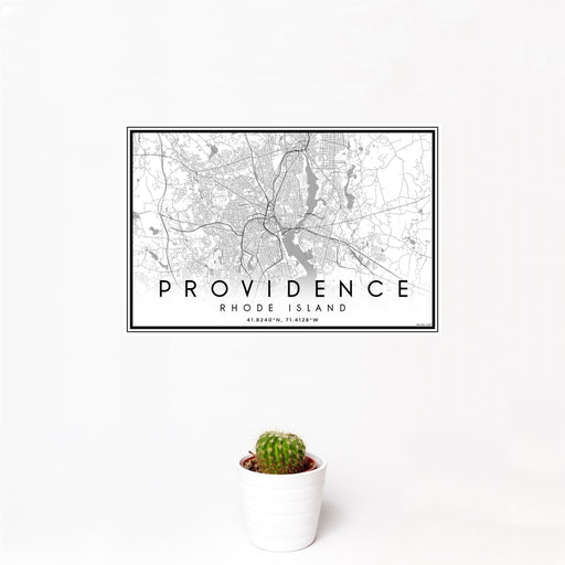 12x18 Providence Rhode Island Map Print Landscape Orientation in Classic Style With Small Cactus Plant in White Planter