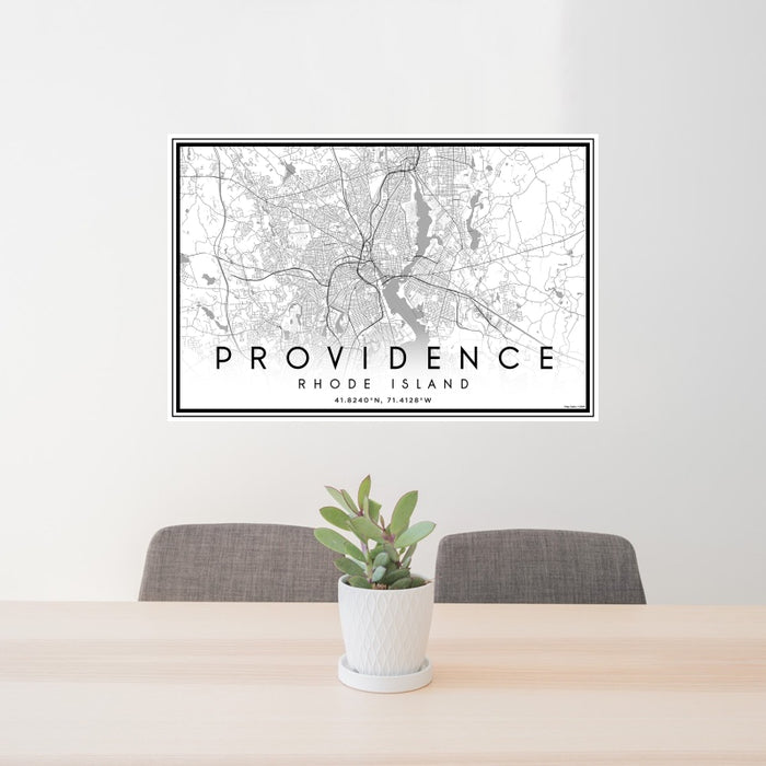 24x36 Providence Rhode Island Map Print Landscape Orientation in Classic Style Behind 2 Chairs Table and Potted Plant