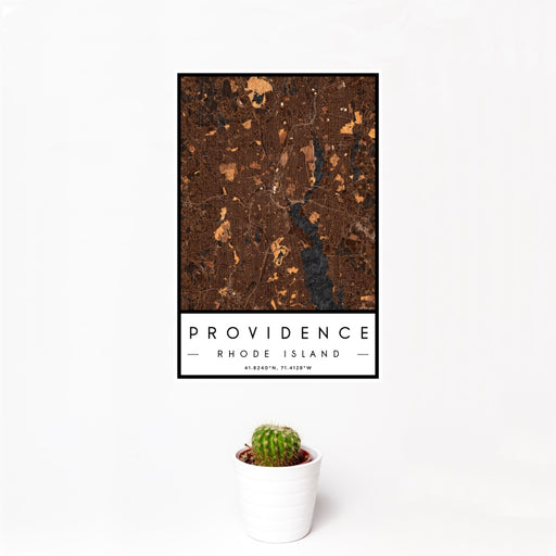 12x18 Providence Rhode Island Map Print Portrait Orientation in Ember Style With Small Cactus Plant in White Planter