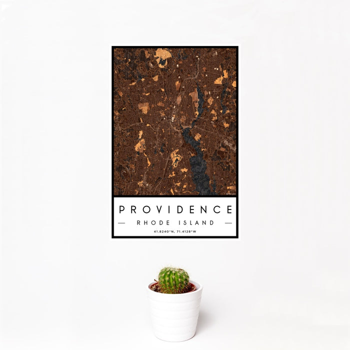 12x18 Providence Rhode Island Map Print Portrait Orientation in Ember Style With Small Cactus Plant in White Planter