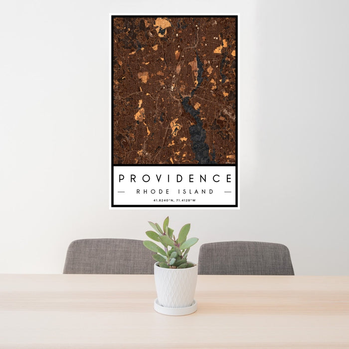 24x36 Providence Rhode Island Map Print Portrait Orientation in Ember Style Behind 2 Chairs Table and Potted Plant