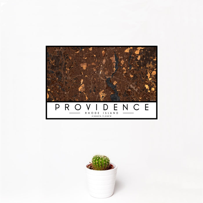 12x18 Providence Rhode Island Map Print Landscape Orientation in Ember Style With Small Cactus Plant in White Planter