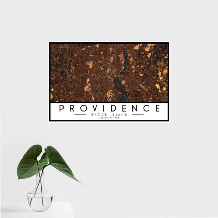 16x24 Providence Rhode Island Map Print Landscape Orientation in Ember Style With Tropical Plant Leaves in Water