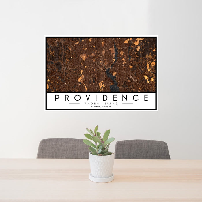 24x36 Providence Rhode Island Map Print Landscape Orientation in Ember Style Behind 2 Chairs Table and Potted Plant