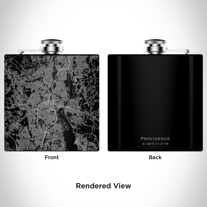 Rendered View of Providence Rhode Island Map Engraving on 6oz Stainless Steel Flask in Black