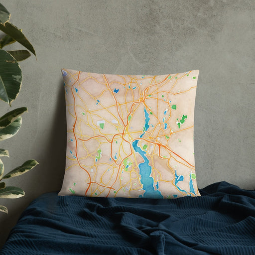 Custom Providence Rhode Island Map Throw Pillow in Watercolor on Bedding Against Wall