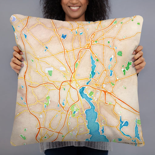 Person holding 22x22 Custom Providence Rhode Island Map Throw Pillow in Watercolor