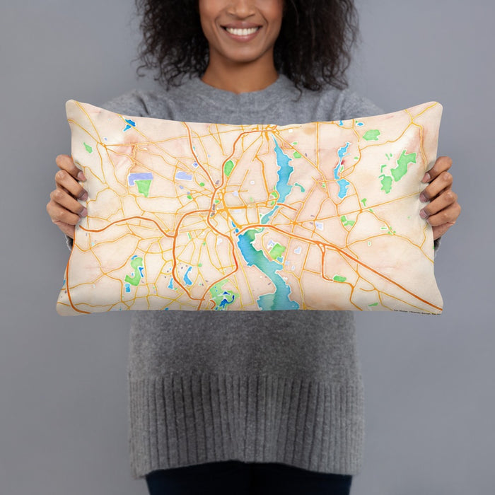 Person holding 20x12 Custom Providence Rhode Island Map Throw Pillow in Watercolor