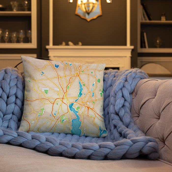 Custom Providence Rhode Island Map Throw Pillow in Watercolor on Cream Colored Couch