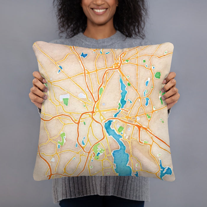 Person holding 18x18 Custom Providence Rhode Island Map Throw Pillow in Watercolor
