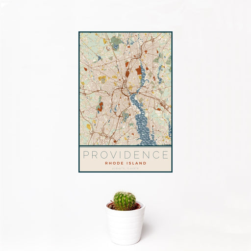 12x18 Providence Rhode Island Map Print Portrait Orientation in Woodblock Style With Small Cactus Plant in White Planter