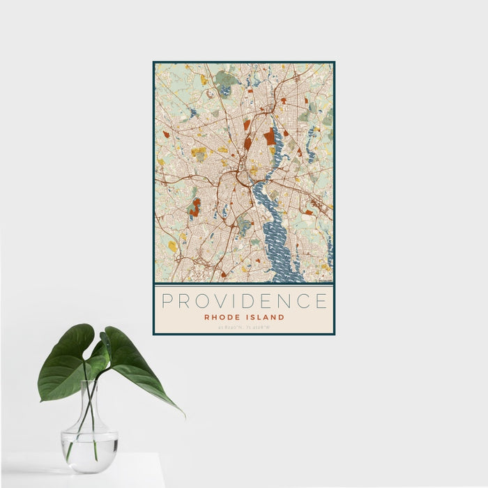 16x24 Providence Rhode Island Map Print Portrait Orientation in Woodblock Style With Tropical Plant Leaves in Water