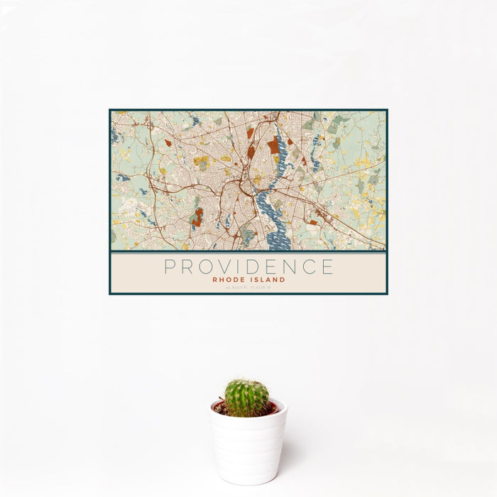 12x18 Providence Rhode Island Map Print Landscape Orientation in Woodblock Style With Small Cactus Plant in White Planter