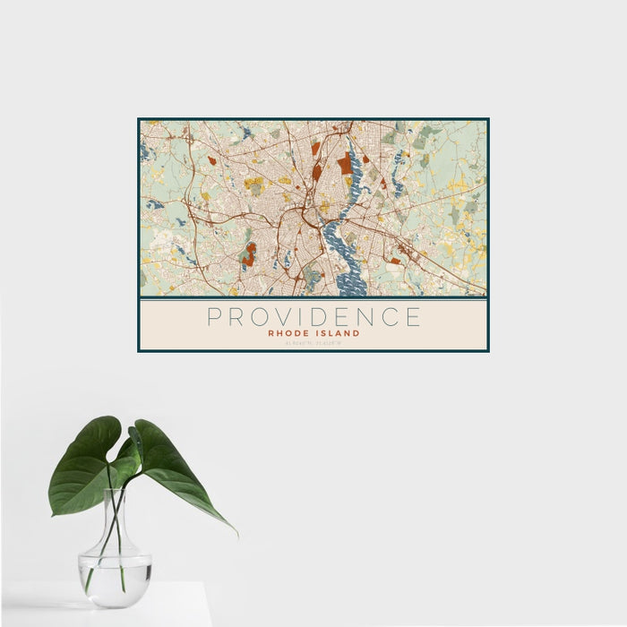 16x24 Providence Rhode Island Map Print Landscape Orientation in Woodblock Style With Tropical Plant Leaves in Water