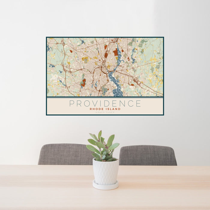 24x36 Providence Rhode Island Map Print Landscape Orientation in Woodblock Style Behind 2 Chairs Table and Potted Plant