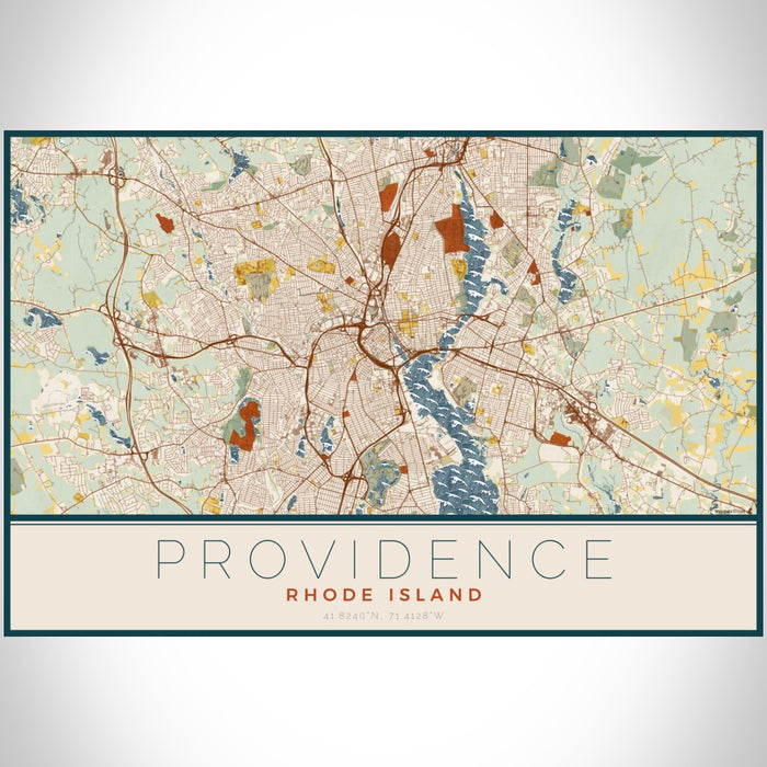 Providence Rhode Island Map Print Landscape Orientation in Woodblock Style With Shaded Background