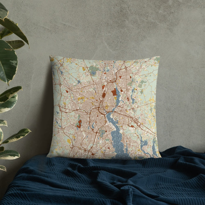 Custom Providence Rhode Island Map Throw Pillow in Woodblock on Bedding Against Wall