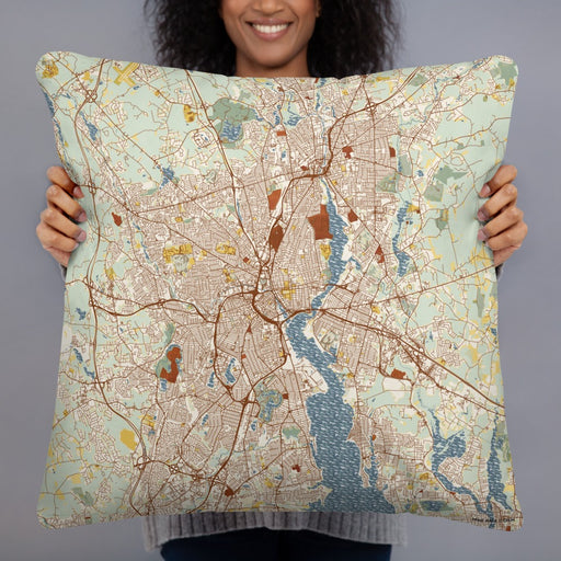Person holding 22x22 Custom Providence Rhode Island Map Throw Pillow in Woodblock
