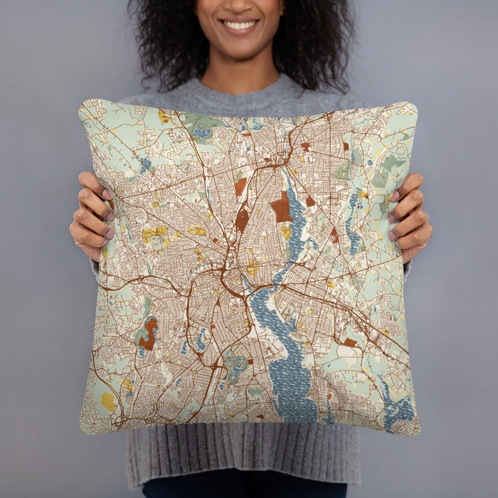 Person holding 18x18 Custom Providence Rhode Island Map Throw Pillow in Woodblock