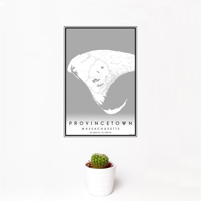 12x18 Provincetown Massachusetts Map Print Portrait Orientation in Classic Style With Small Cactus Plant in White Planter