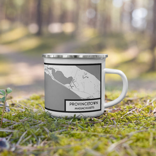 Right View Custom Provincetown Massachusetts Map Enamel Mug in Classic on Grass With Trees in Background